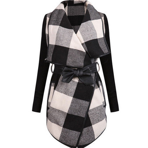 Online discount shop Australia - COLROVIE Fashion Outerwears Women Design Brand Ladies Trench Coat Casual Splicing Black White Plaid Long Sleeve Belt Coat