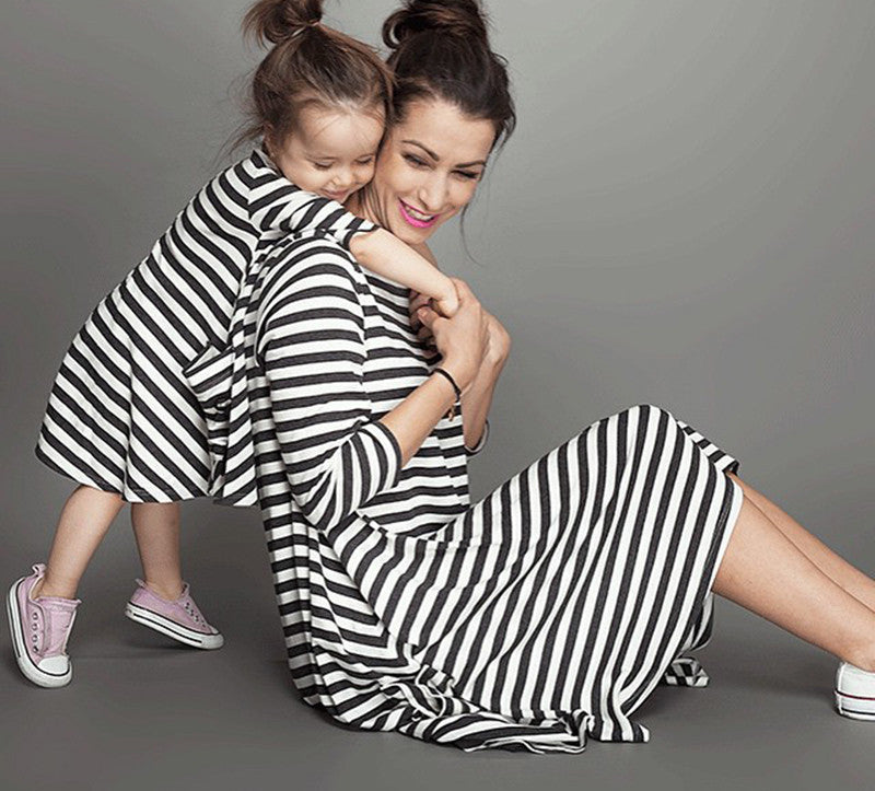 Online discount shop Australia - Family Matching Outfits Mother And Daughter Casual Fall Full sleeve black and white Striped Dress