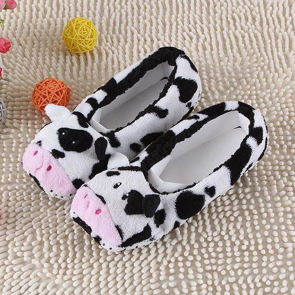 Warm Flats Soft Sole Women Indoor Floor Slippers/Shoes Animal Shape White Gray Cows Pink Flannel Home Slippers 6 Color