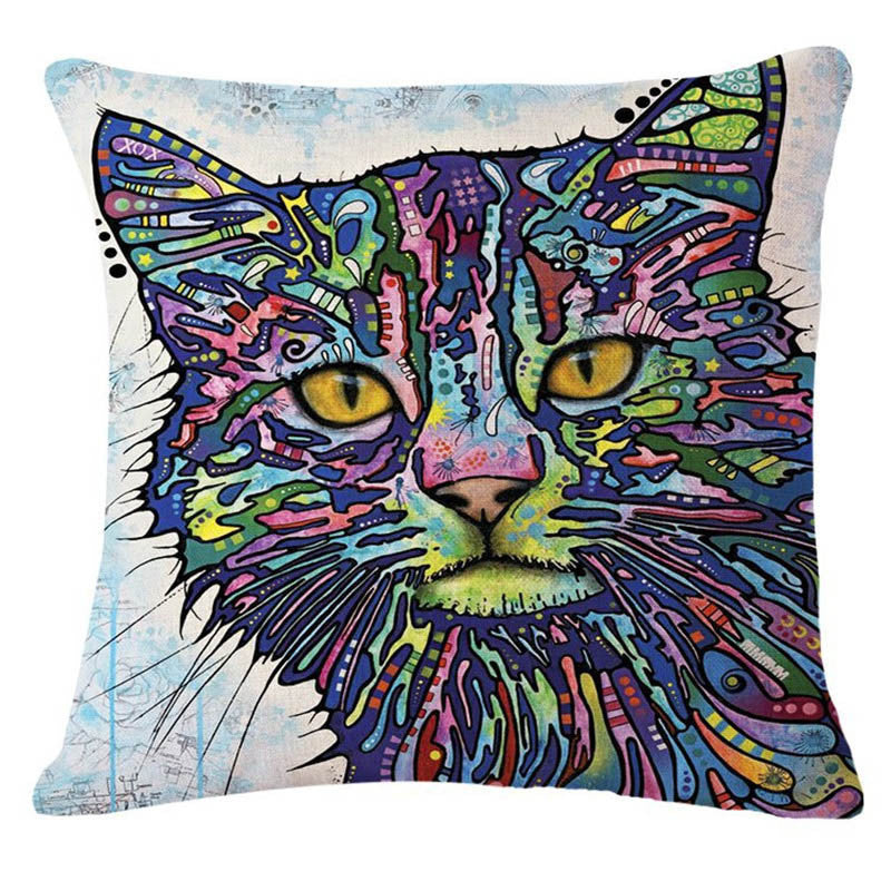 Online discount shop Australia - Cartoon Style Decor Cotton Linen Cushion Multicolor Cat Pattern Print Sofa Throw Pillow Home Decor Square