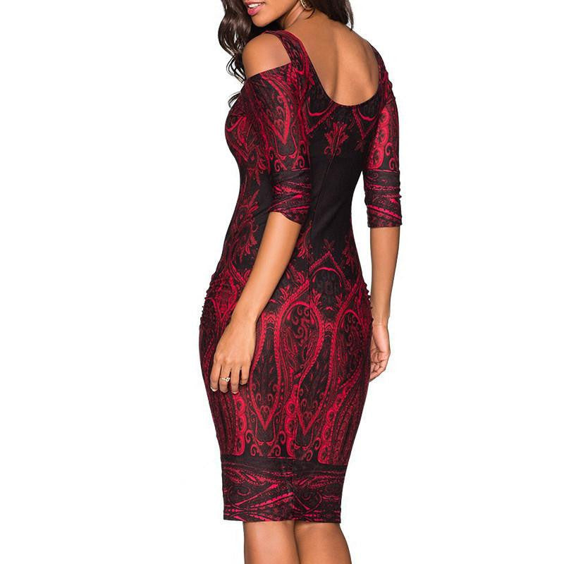 Tribal Print Casual Dresses Bodycon Cut Out Off Shoulder Dress Women Elegant Long Sleeve Autumn Dress