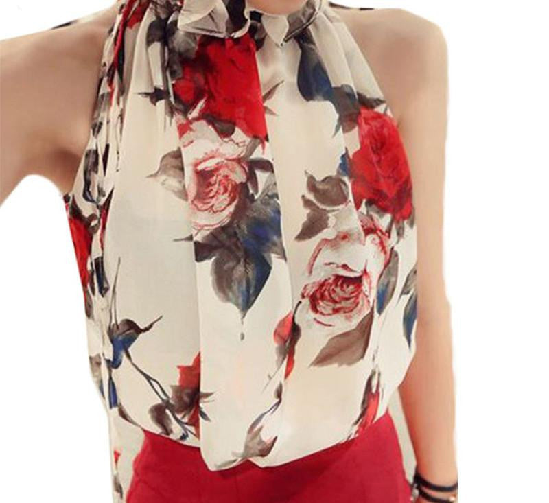 Women Sleeveless Chiffon Floral Print Blouse Ruffles Turtleneck Tops Shirt T57334