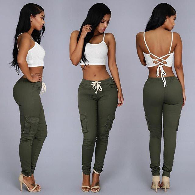 Summer Casual Multi Pocket Pants High Waist Solid Lacing White Red Army Khaki Shiny Pencil Pants Capris Women Trousers