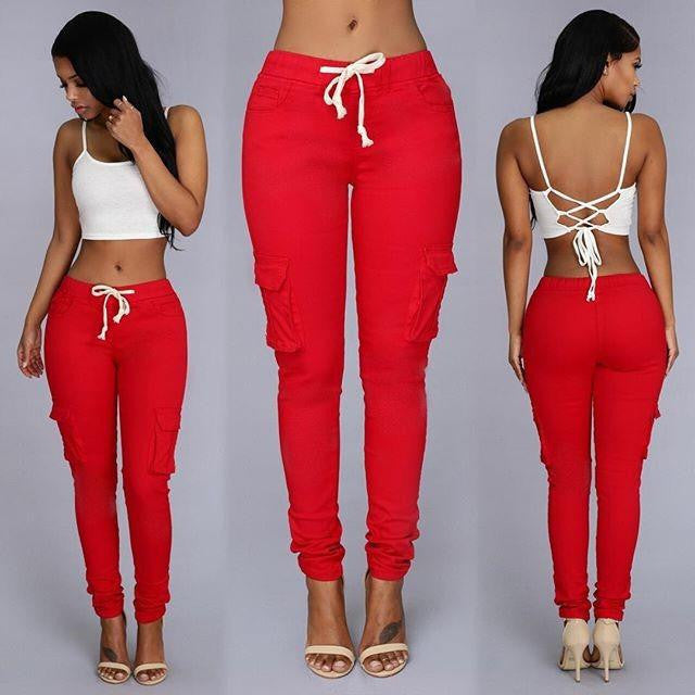 Summer Casual Multi Pocket Pants High Waist Solid Lacing White Red Army Khaki Shiny Pencil Pants Capris Women Trousers