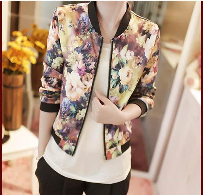 Women Bomber Jacket Vintage Sweet Floral Collar Long Sleeve Bomber Short Print Zipper Jacket Coats Tops