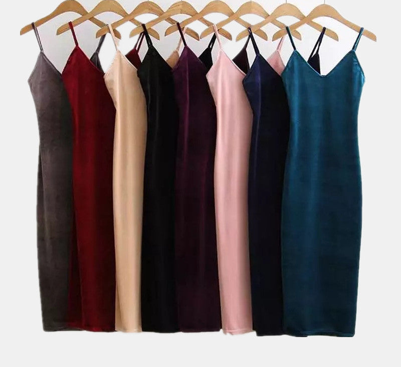 Online discount shop Australia - 2017 Women Spring Brief Style Velvet Slip Dress Side Vent Full Dress Suspender Strap Sexy One Piece Velvet Dress