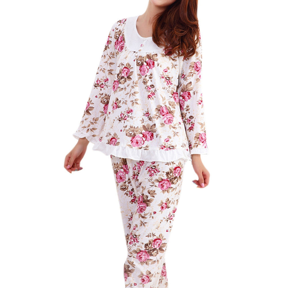 Online discount shop Australia - Long Sleeved Ladies Pajamas Set Cotton Women Floral Print Sleepwear Homewear Nightgown