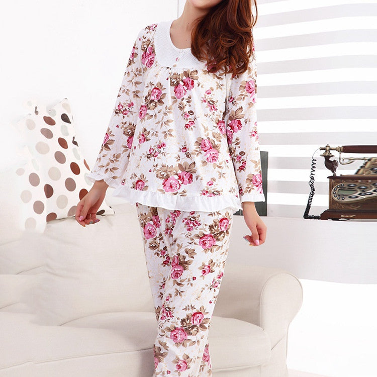 Online discount shop Australia - Long Sleeved Ladies Pajamas Set Cotton Women Floral Print Sleepwear Homewear Nightgown