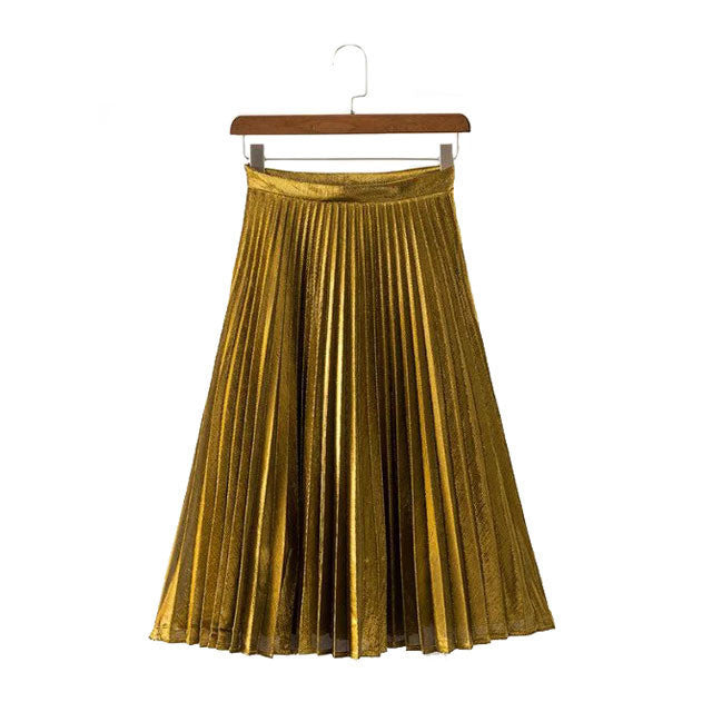 Online discount shop Australia - Elegant Long Pleated Skirt Metallic Color Stretch Large Swing Ladies Skirt Gold Sliver Purple Real Photo