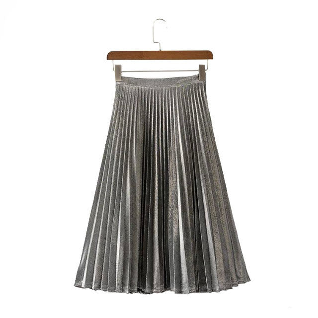 Online discount shop Australia - Elegant Long Pleated Skirt Metallic Color Stretch Large Swing Ladies Skirt Gold Sliver Purple Real Photo