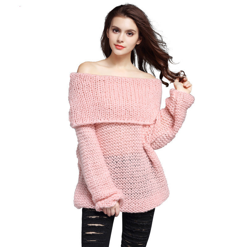 Online discount shop Australia - Lovely Pink Women Sweater Slash Neck Off Shoulder Loose Long Sleeve Hollow Sexy Coarse Lines Knitted Pullovers