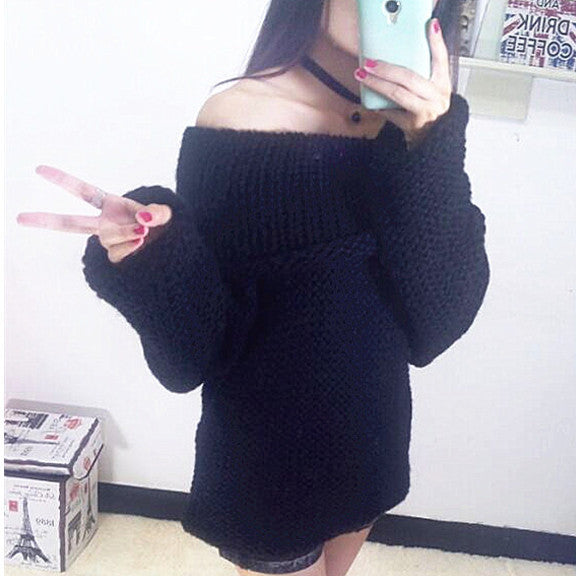 Online discount shop Australia - Lovely Pink Women Sweater Slash Neck Off Shoulder Loose Long Sleeve Hollow Sexy Coarse Lines Knitted Pullovers