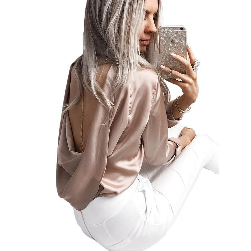 Satin Ruffles Women Blouse Hollow Out Back O Neck Long Sleeve Party Evening Ladies Tops Shirts
