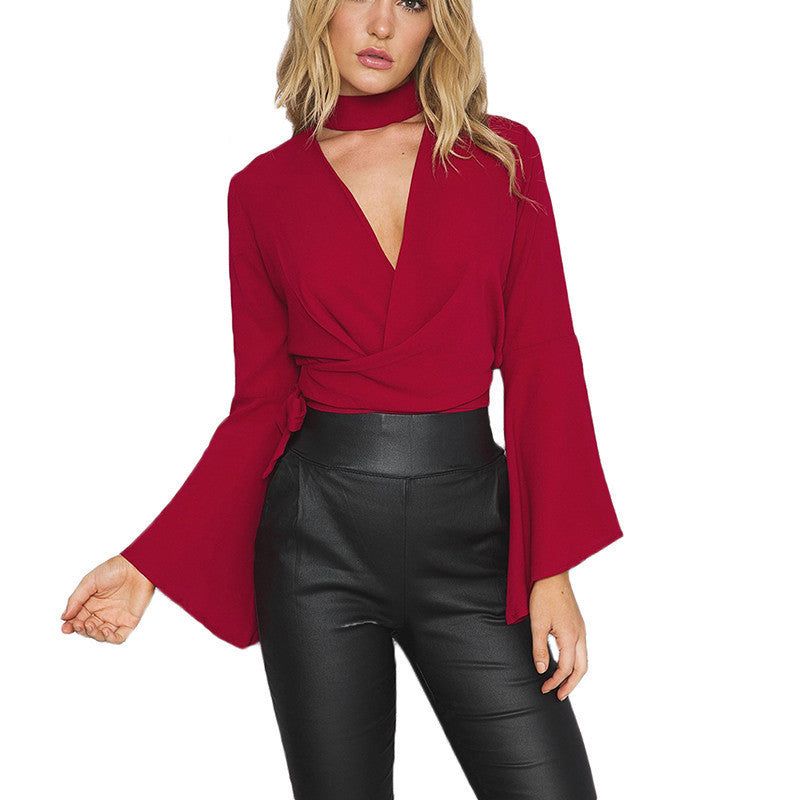 Online discount shop Australia - Choker Sexy Cross Deep V Neck Bow Sashes Red Women Blouse   Style Casual Party Evening Tops Girl Shirt Elegant