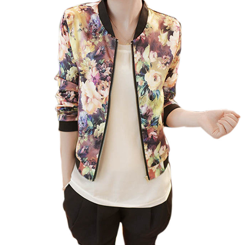 Online discount shop Australia - Long Sleeves  Coat Flower Printing Fashion Leisure Baseball Jacket Women Stand Collar Bomber Jacket