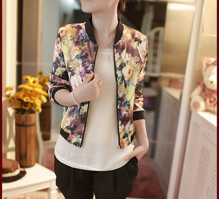 Online discount shop Australia - Long Sleeves  Coat Flower Printing Fashion Leisure Baseball Jacket Women Stand Collar Bomber Jacket