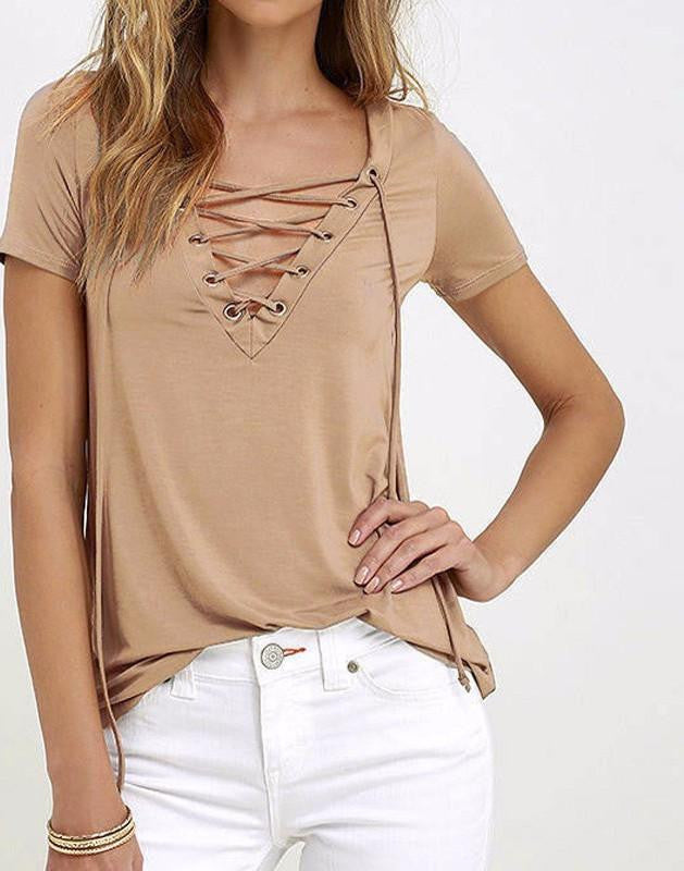 Women V Neck Blouses Short Sleeve Casual Hollow Out Lace Up Solid Shirts Tee Tops