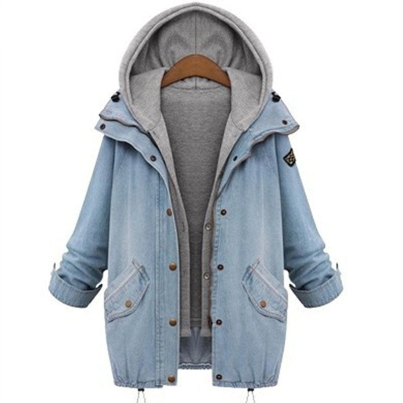 Online discount shop Australia - jackets women loose fit hooded jacket faux 2 pieces cowboy coat plus size 4XL size overcoat