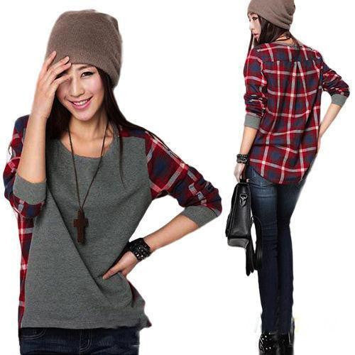 Womens Long Sleeve Round Neck Plaid Checked Casual Loose shirt Blouse Tops