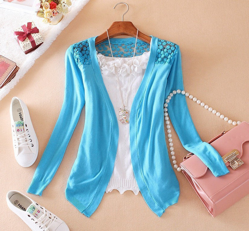 Style Jackets Girl Women's Outerwear Lace Candy Color Crochet Knit Blouse SweaterCoat