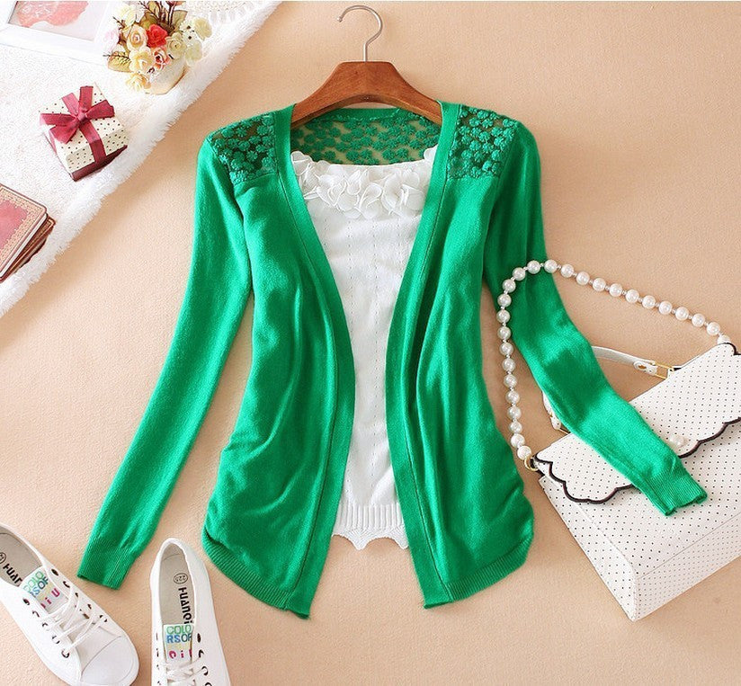 Style Jackets Girl Women's Outerwear Lace Candy Color Crochet Knit Blouse SweaterCoat