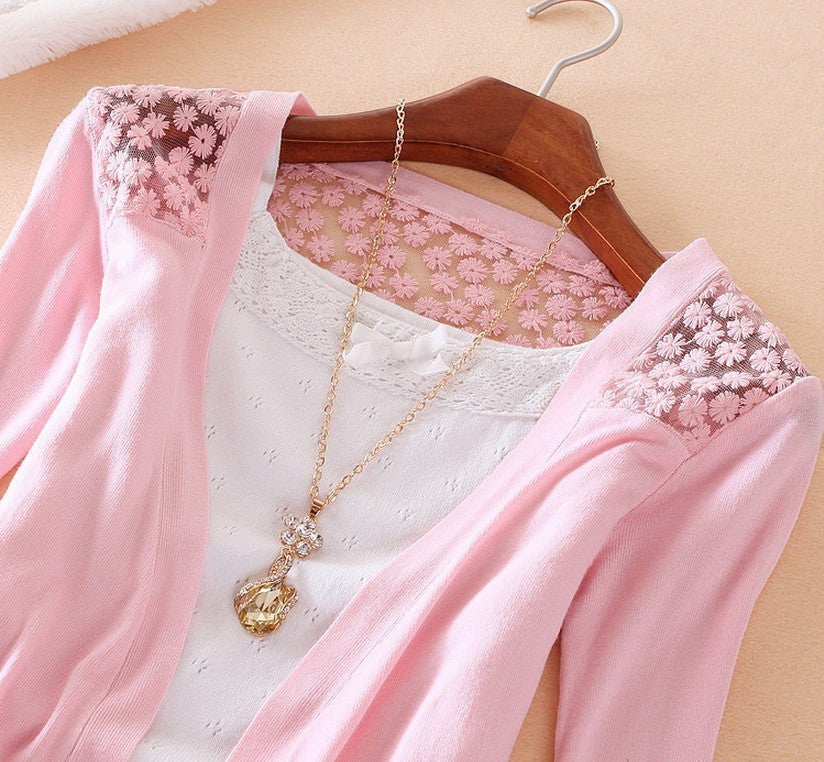 Style Jackets Girl Women's Outerwear Lace Candy Color Crochet Knit Blouse SweaterCoat