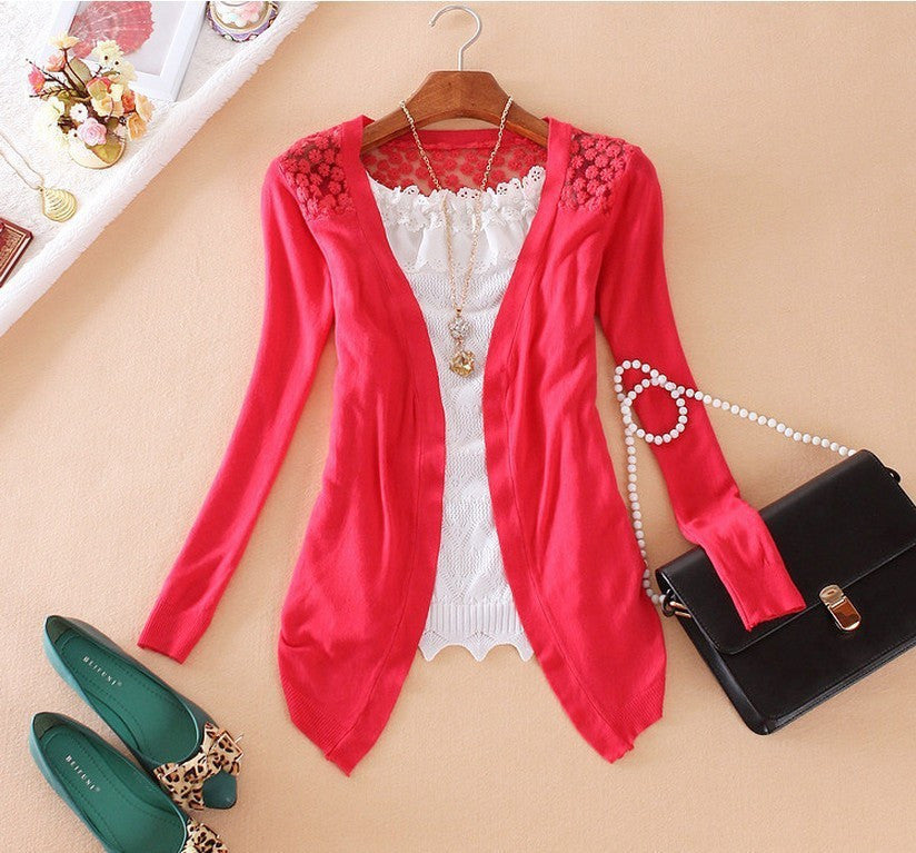 Style Jackets Girl Women's Outerwear Lace Candy Color Crochet Knit Blouse SweaterCoat