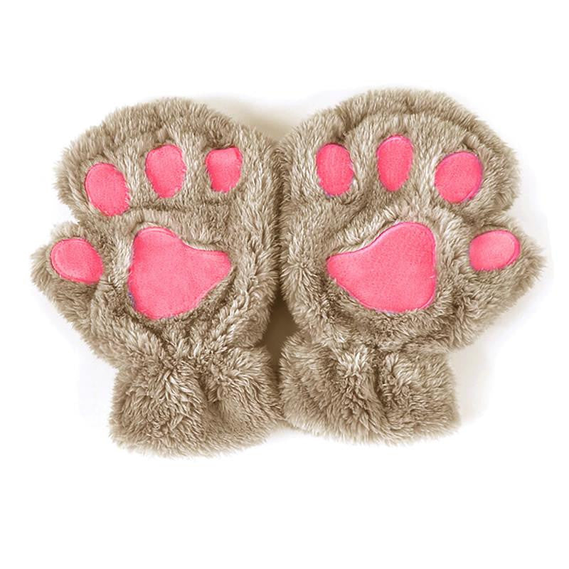 Women Cute Cat Paw Claw Plush Short Fingerless Finger Half Gloves-J117