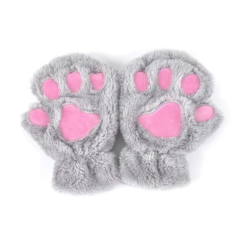 Women Cute Cat Paw Claw Plush Short Fingerless Finger Half Gloves-J117