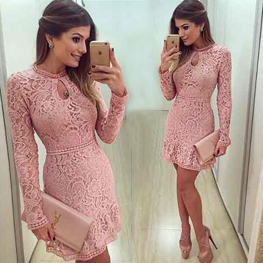 Women Fashion Casual Lace Dress O-Neck Sleeve Pink Evening Party Dresses Vestido de festa Brasil Trend