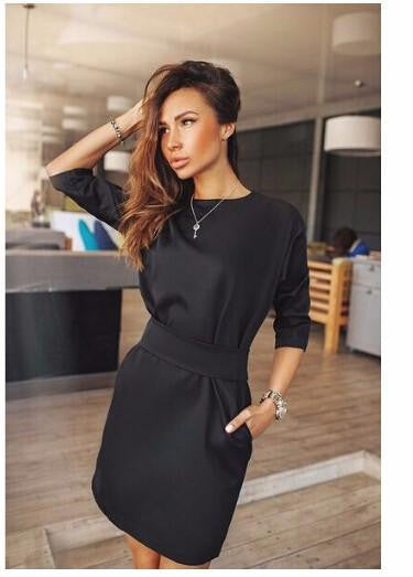 women fall fashion casual mini dress broadcloth solid color short sleeve o-neck women dress two side pocket black dresses