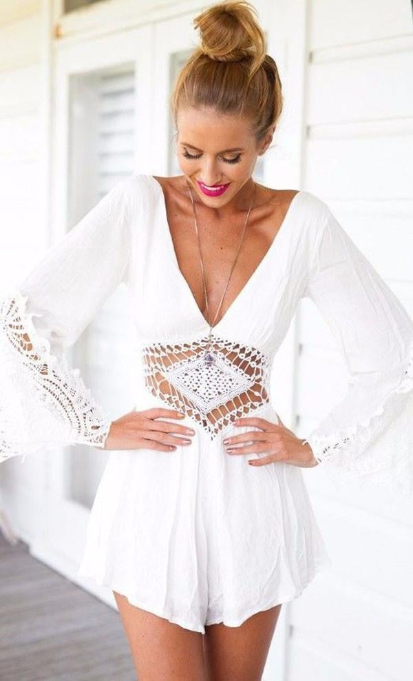 Summer Overalls Ladies Dress White V Neck Chiffon Elegant Women Rompers Lace Casual Loose dress