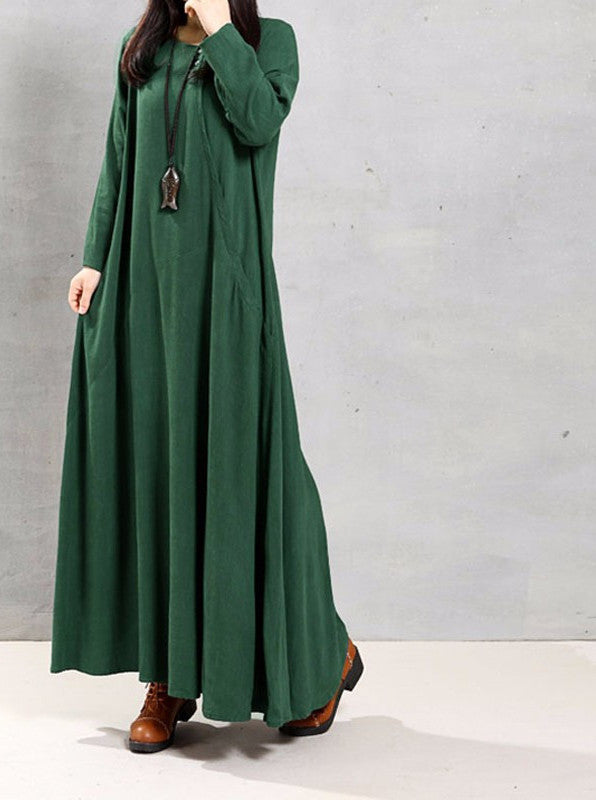 Online discount shop Australia - Autumn Women Retro Long Dress O Neck Long Sleeve Pockets Casual Loose Solid Ankle Length Dress