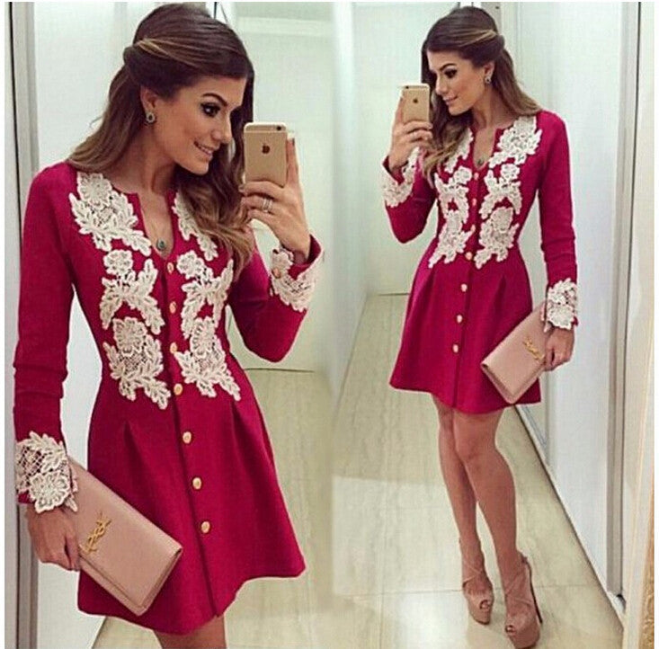Online discount shop Australia - new arrival casual red chiffon dress long sleve v-neck lace dresses button above knee dress
