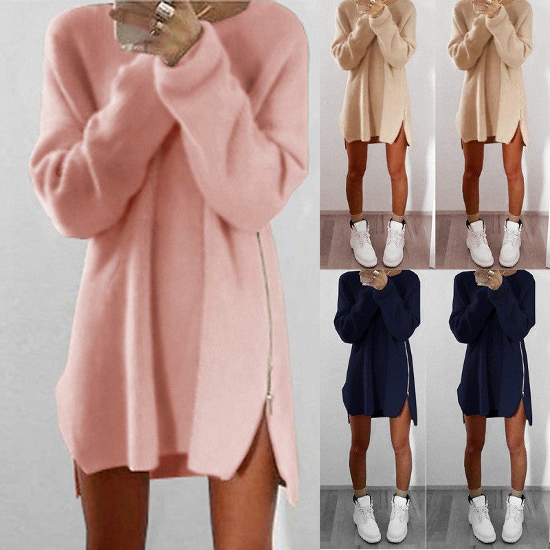 Online discount shop Australia - Dress Casual Sexy Loose Blue Beige Pink Dress Plus Size Zipper Sweater Dress Women Dresses Vestidos