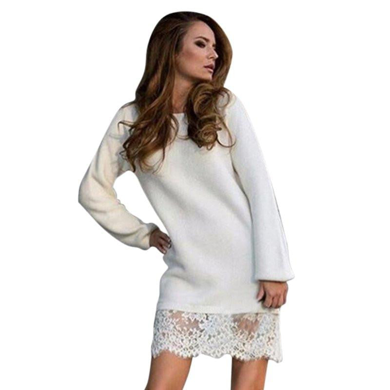 Winter Autumn Women Long Sleeve Warm Lace Knitted Sweater Dresses Black White Slim Bodycon Dress Party Vestidos