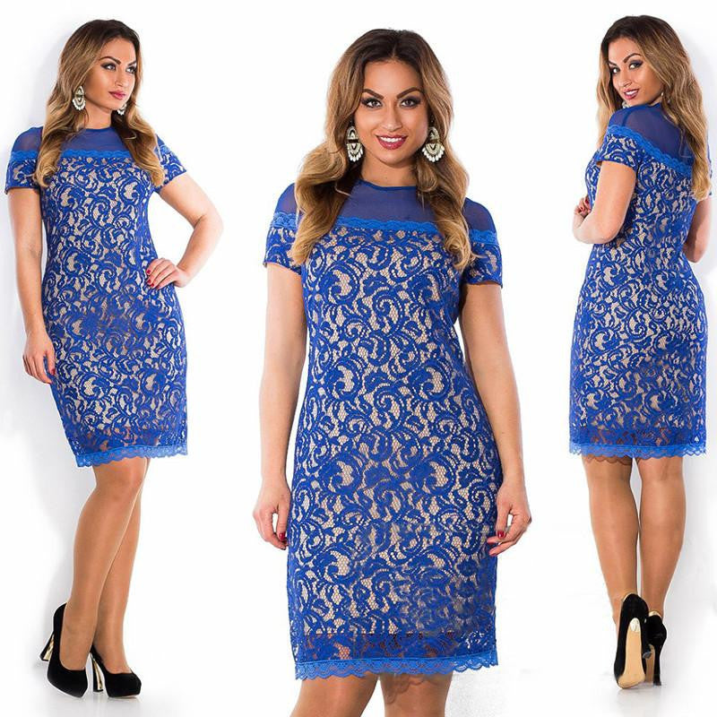 sexy women lace elegant blue party bodycon mini dress casual hollow out short sleeve