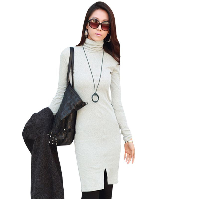Women Casual Turtle Neck Long Sleeve Slim OL Lady Bodycon Knit Dress Long Warm Sweater