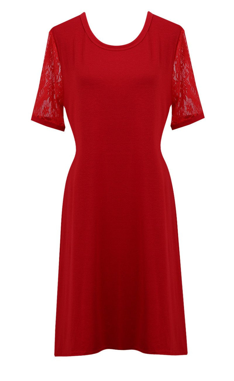 Women Casual Lace Dress Short Sleeve Red Dress Loose Party Evening Plu