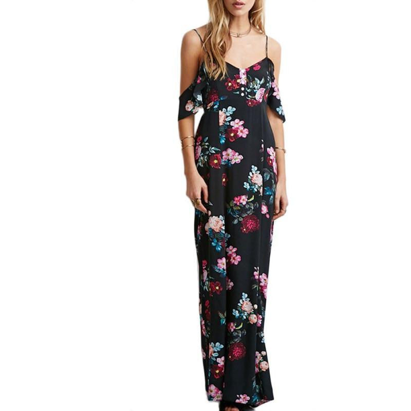 Women Off Shoulder Summer Dress Sleeveless Chiffon Maxi Dress Retro Floral Print Long Party Dress