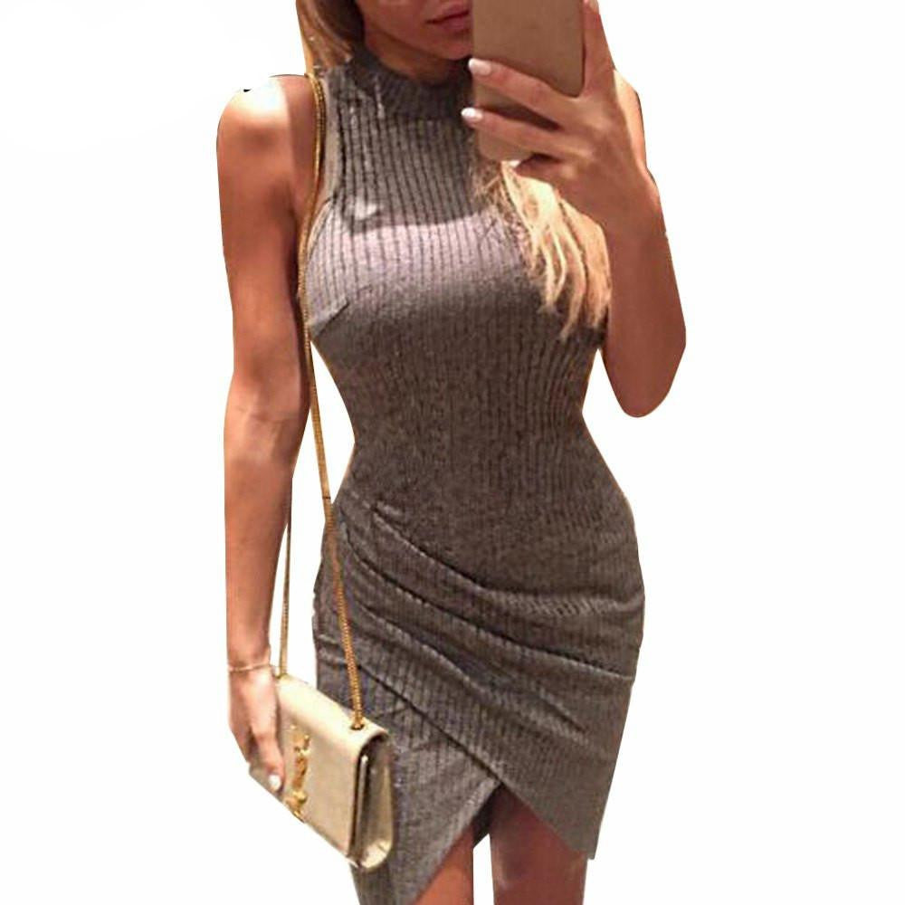 Summer Grey Party Women Knitted Split Short Dress Gray Sleeveless Mini Dress Sweater Turtleneck Robe