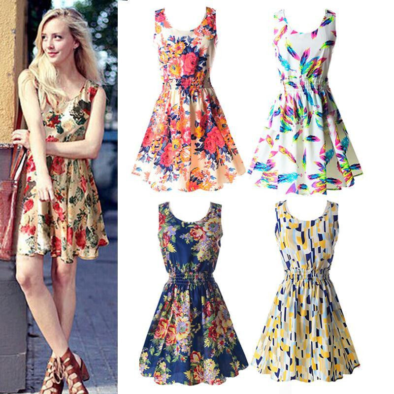 Summer Fashion Women Chiffon Sleeveless Sundress Beach Floral Tank Mini Dresses