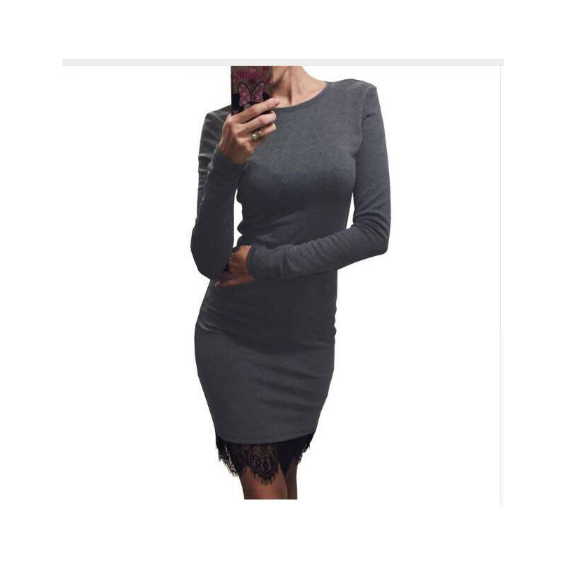 Online discount shop Australia - Bodycon Dress Women Long Sleeve O-neck Lace Patchwork Cotton Casual Mini Dresses Wine Red Vestidos Robe S-XL