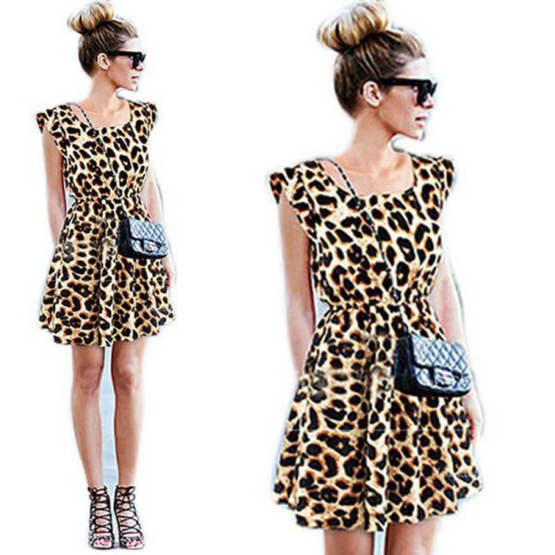 Women's Sleeveless A-line Leopard Dress Casual Party Evening Mini Dress