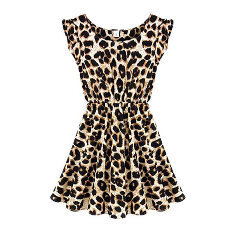 Women's Sleeveless A-line Leopard Dress Casual Party Evening Mini Dress