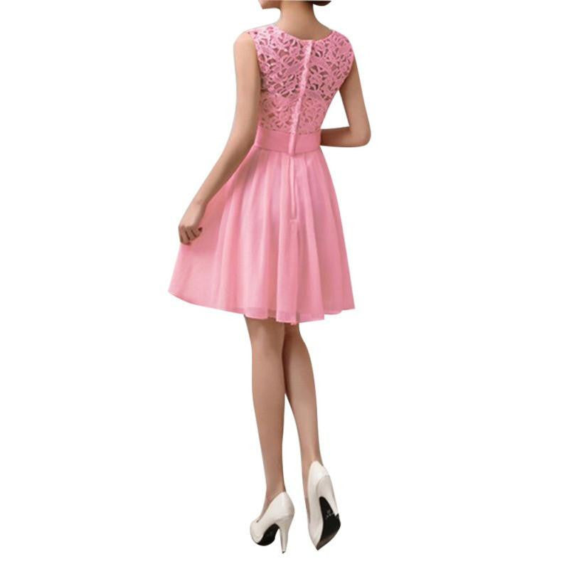 Women Lace Chiffon Dress Sleeveless O-neck Knee Length Solid Dress