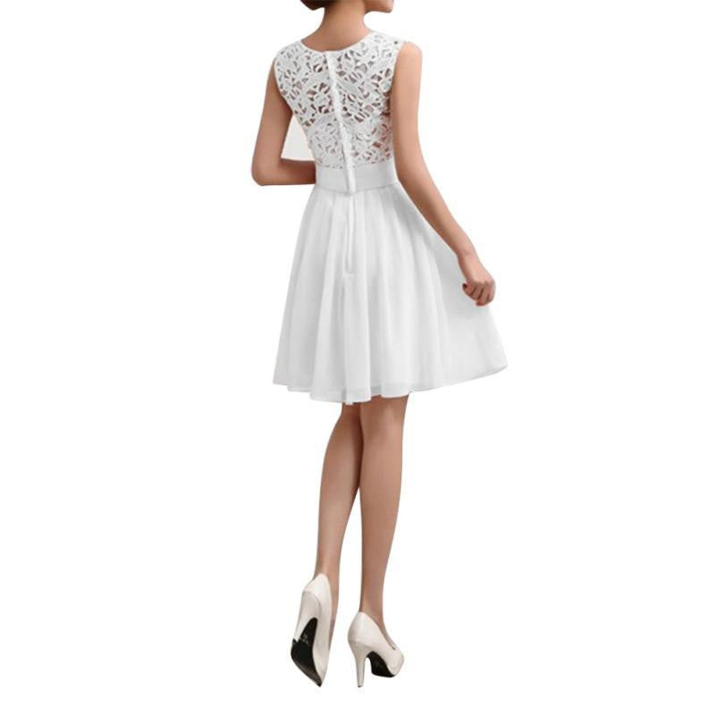 Women Lace Chiffon Dress Sleeveless O-neck Knee Length Solid Dress