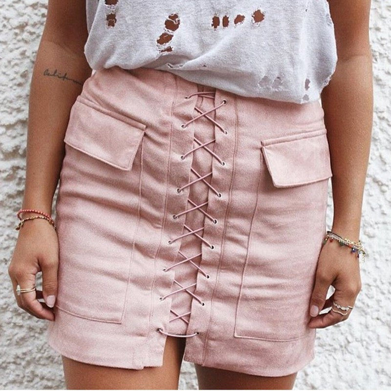 Online discount shop Australia - Lace Up Suede Leather Women Skirt 90's Vintage Pocket Preppy Short Skirt High Waist Casual Mini Skirts