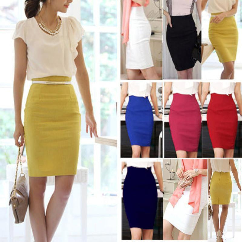 Women's Slim Fitted Knee Length Pencil Skirt High Waist Straight Solid Multi-Color