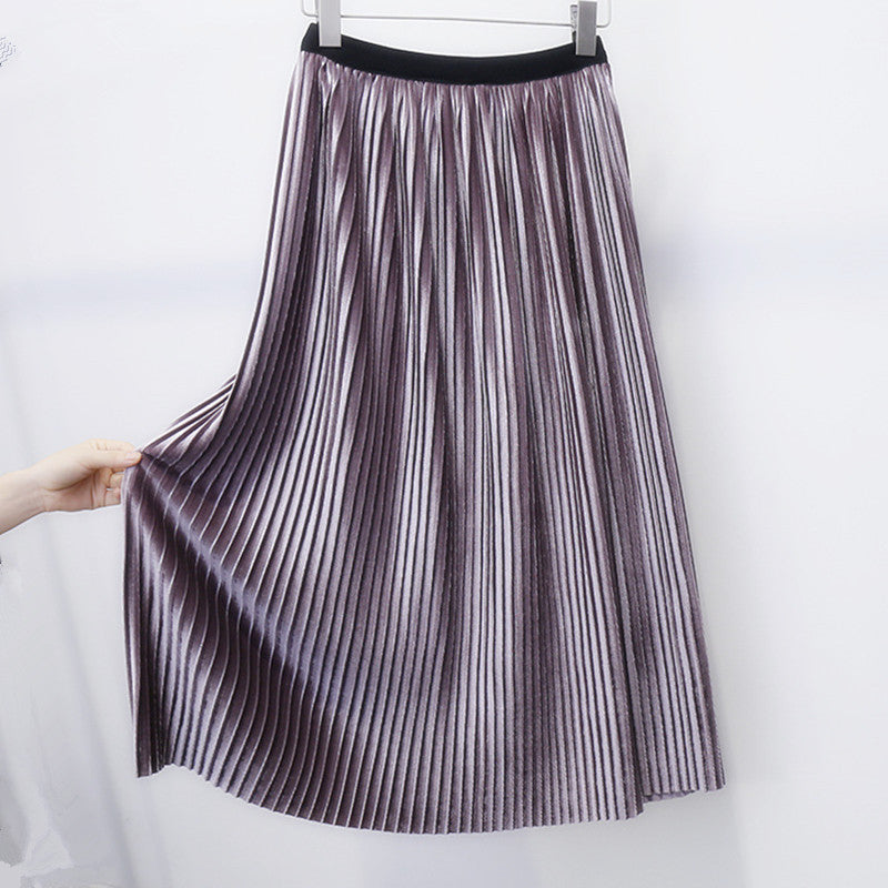 Online discount shop Australia - Fashion Pleated Skirt Retro Skirts High Quality Gold Shiny Pleated Velvet Medium And Long Elastic Waist Free